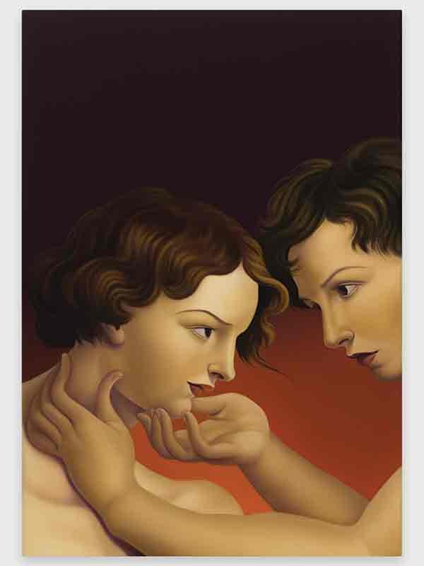 Painting of two women, with one holding the other's chin