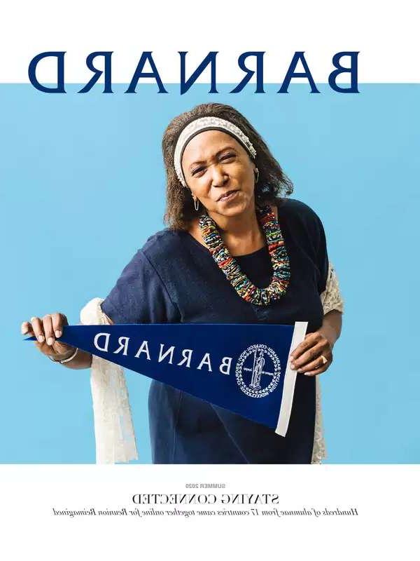 Black woman holding a Barnard pennant on the summer 2020 cover of Barnard Magazine